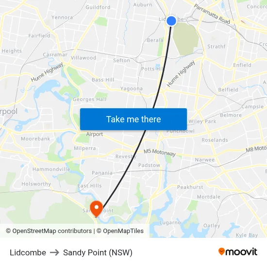 Lidcombe to Sandy Point (NSW) map