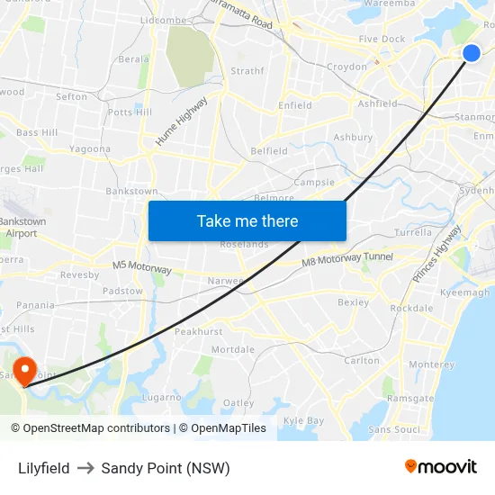 Lilyfield to Sandy Point (NSW) map