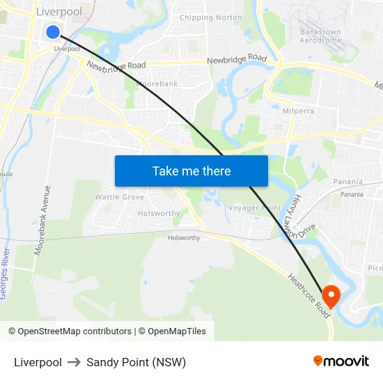 Liverpool to Sandy Point (NSW) map