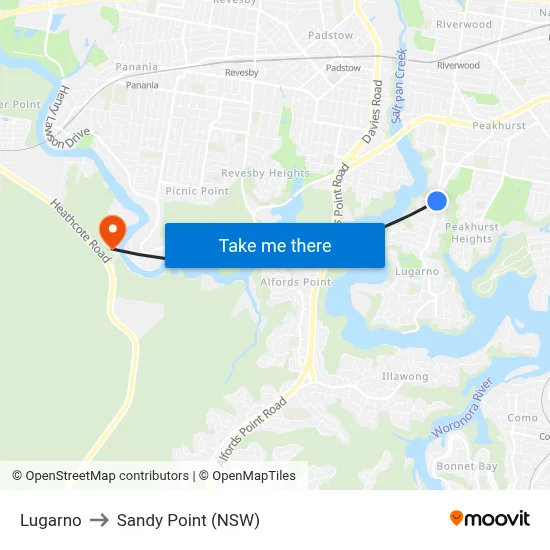 Lugarno to Sandy Point (NSW) map