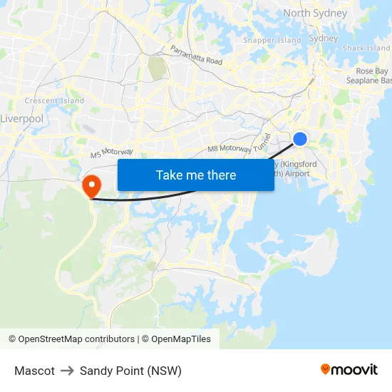 Mascot to Sandy Point (NSW) map