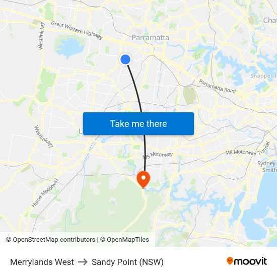 Merrylands West to Sandy Point (NSW) map