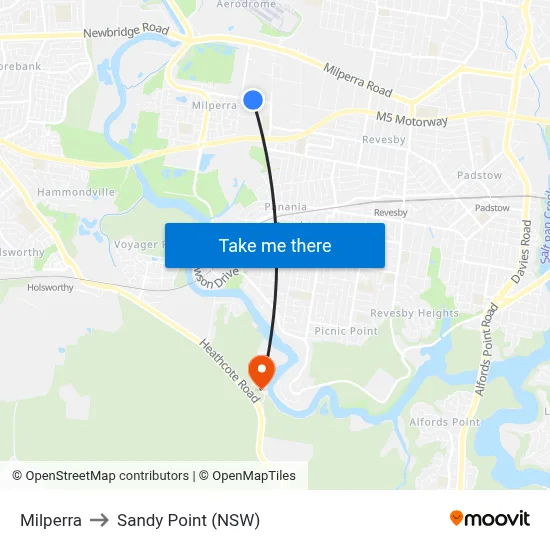 Milperra to Sandy Point (NSW) map