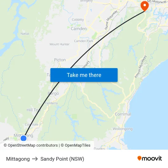 Mittagong to Sandy Point (NSW) map