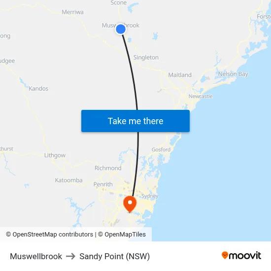 Muswellbrook to Sandy Point (NSW) map