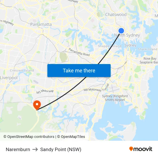 Naremburn to Sandy Point (NSW) map