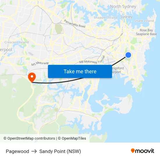 Pagewood to Sandy Point (NSW) map