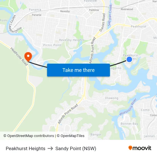Peakhurst Heights to Sandy Point (NSW) map