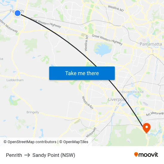 Penrith to Sandy Point (NSW) map