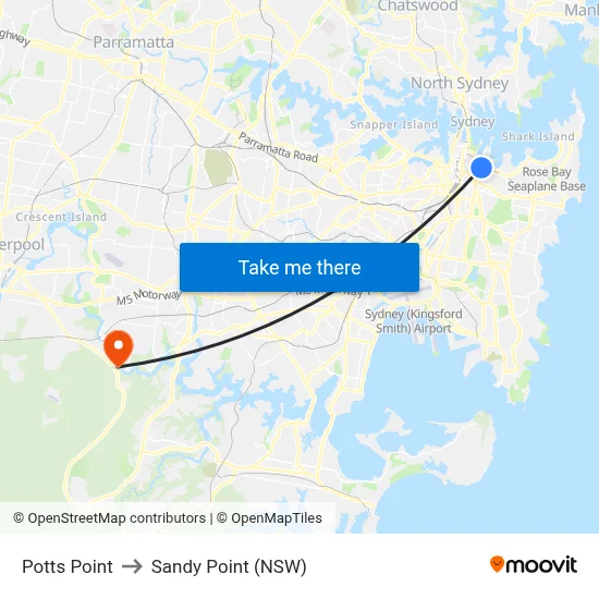 Potts Point to Sandy Point (NSW) map