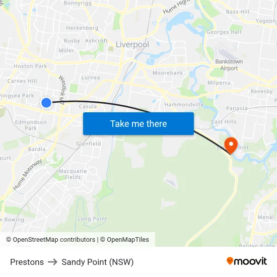 Prestons to Sandy Point (NSW) map
