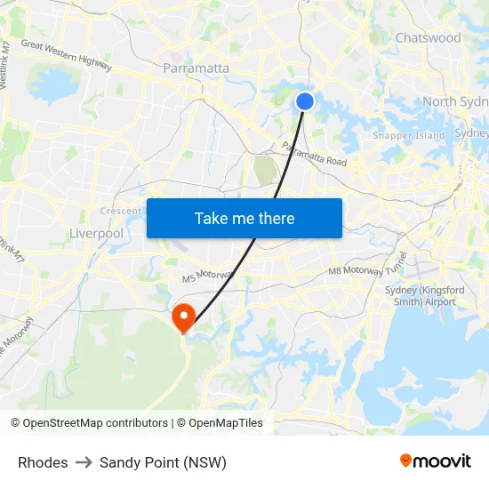 Rhodes to Sandy Point (NSW) map