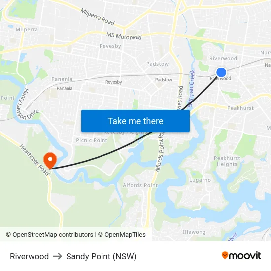 Riverwood to Sandy Point (NSW) map