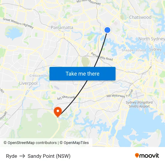Ryde to Sandy Point (NSW) map