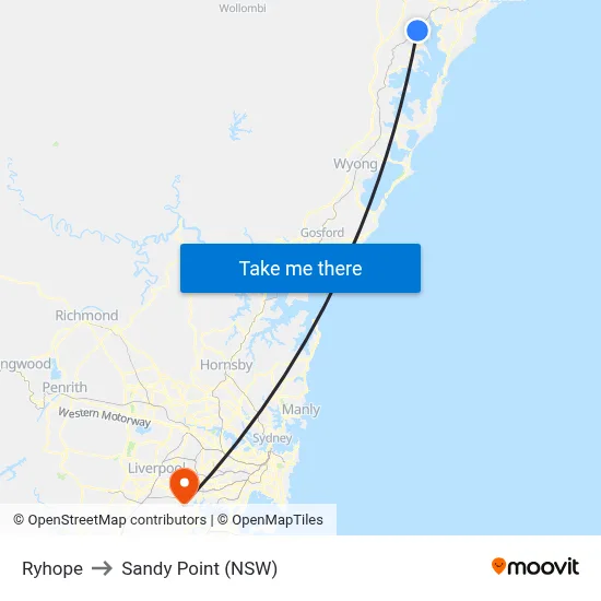 Ryhope to Sandy Point (NSW) map