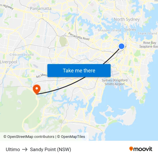 Ultimo to Sandy Point (NSW) map