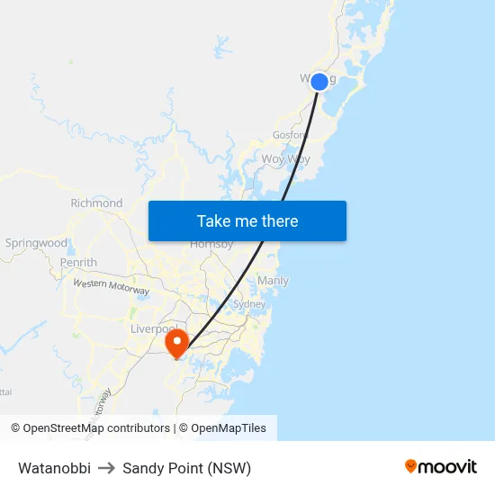 Watanobbi to Sandy Point (NSW) map