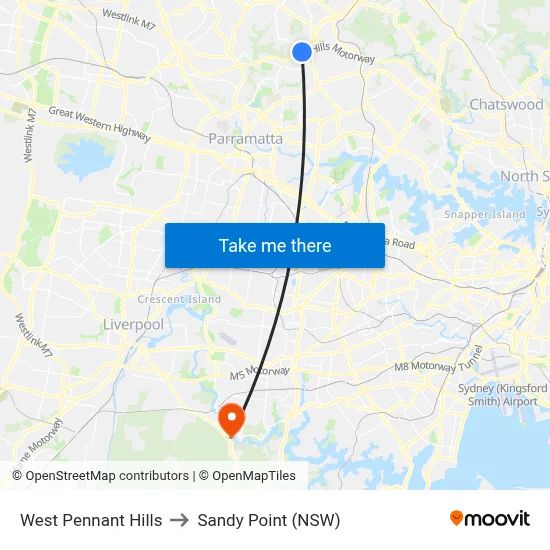 West Pennant Hills to Sandy Point (NSW) map