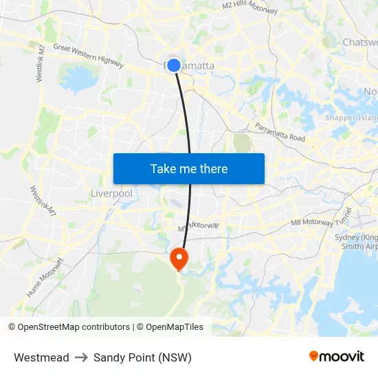 Westmead to Sandy Point (NSW) map