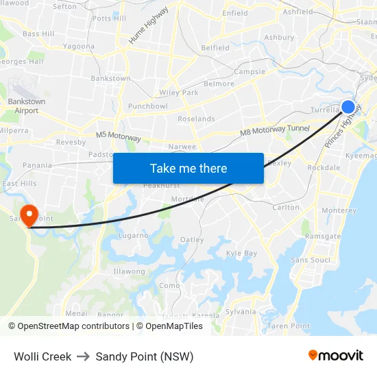 Wolli Creek to Sandy Point (NSW) map