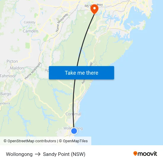 Wollongong to Sandy Point (NSW) map