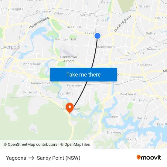 Yagoona to Sandy Point (NSW) map