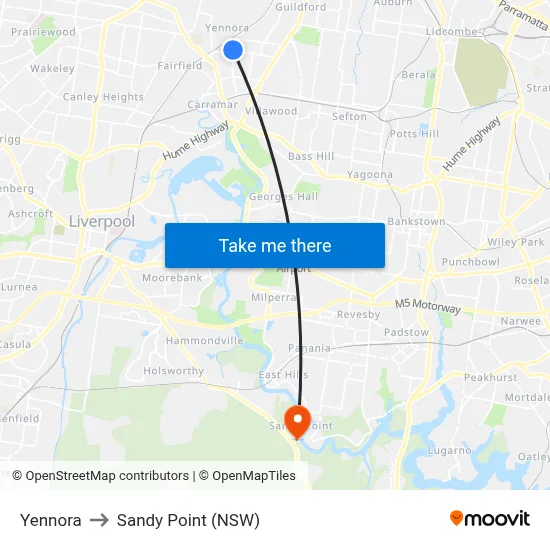 Yennora to Sandy Point (NSW) map