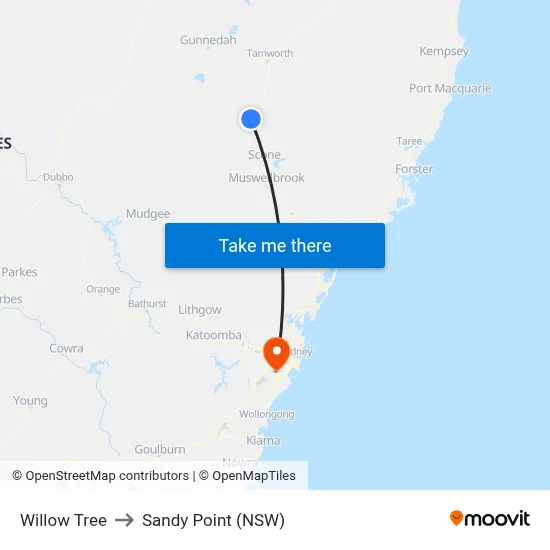 Willow Tree to Sandy Point (NSW) map