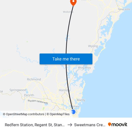 Redfern Station, Regent St, Stand C to Sweetmans Creek map