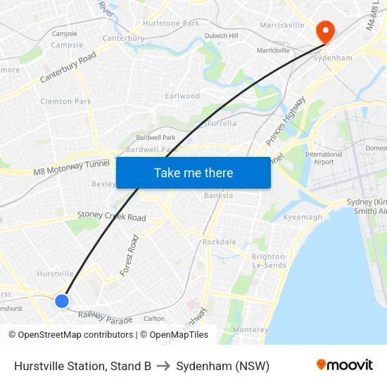 Hurstville Station, Stand B to Sydenham (NSW) map