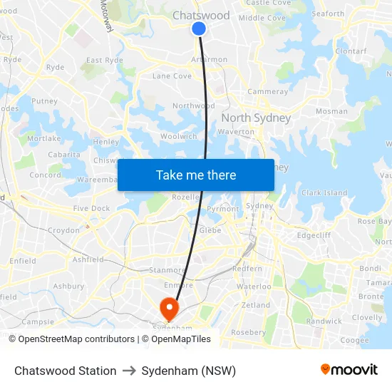 Chatswood Station to Sydenham (NSW) map