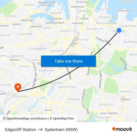 Edgecliff Station to Sydenham (NSW) map