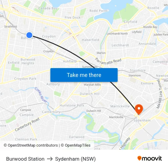 Burwood Station to Sydenham (NSW) map