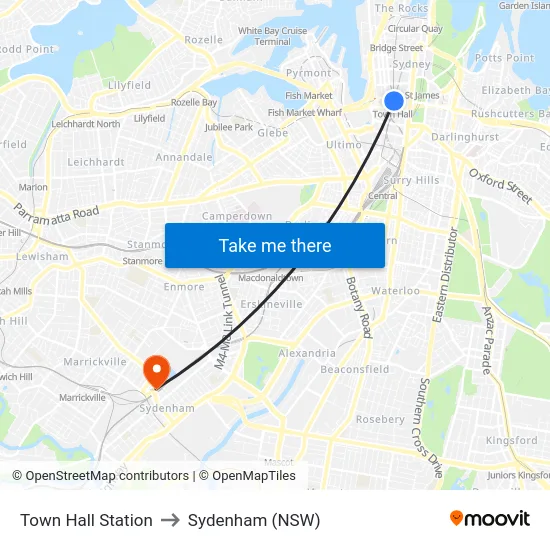 Town Hall Station to Sydenham (NSW) map