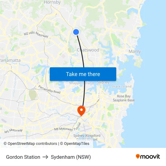 Gordon Station to Sydenham (NSW) map