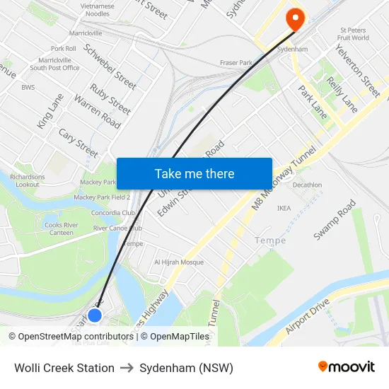 Wolli Creek Station to Sydenham (NSW) map