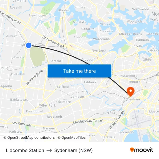 Lidcombe Station to Sydenham (NSW) map