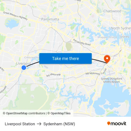 Liverpool Station to Sydenham (NSW) map