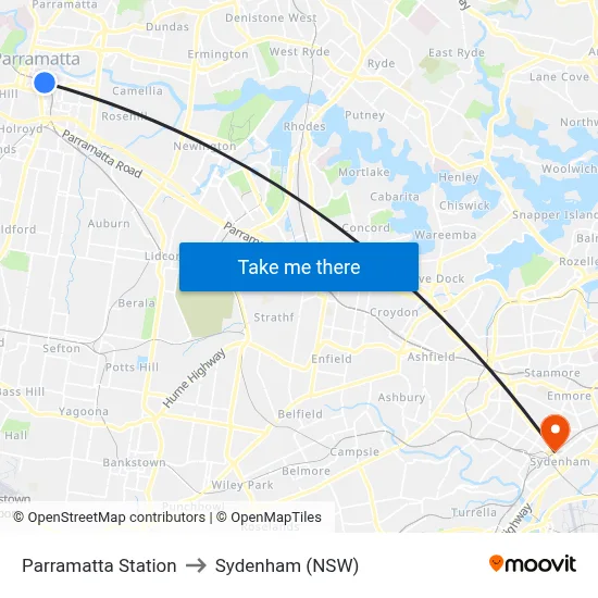 Parramatta Station to Sydenham (NSW) map