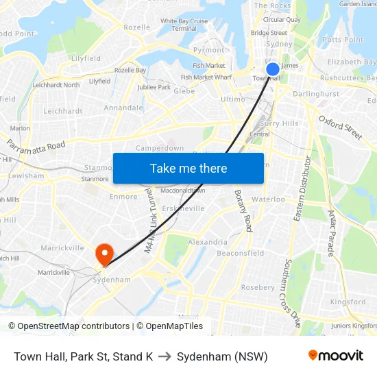 Town Hall, Park St, Stand K to Sydenham (NSW) map