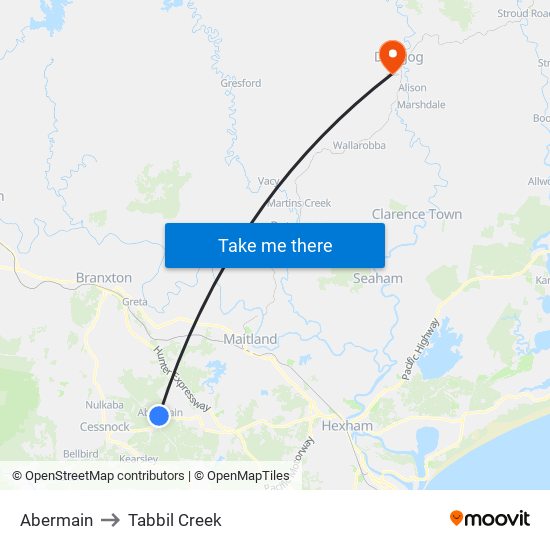 Abermain to Tabbil Creek map