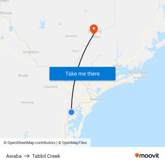 Awaba to Tabbil Creek map