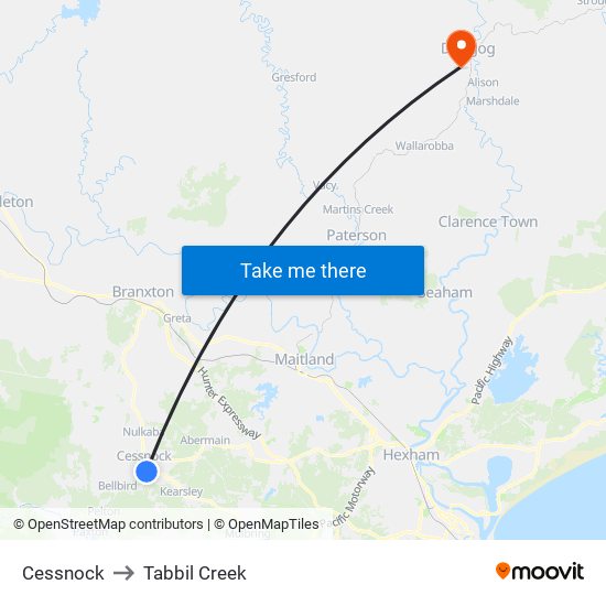 Cessnock to Tabbil Creek map