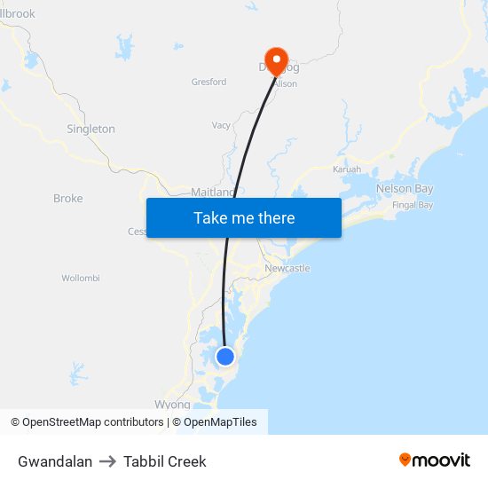 Gwandalan to Tabbil Creek map