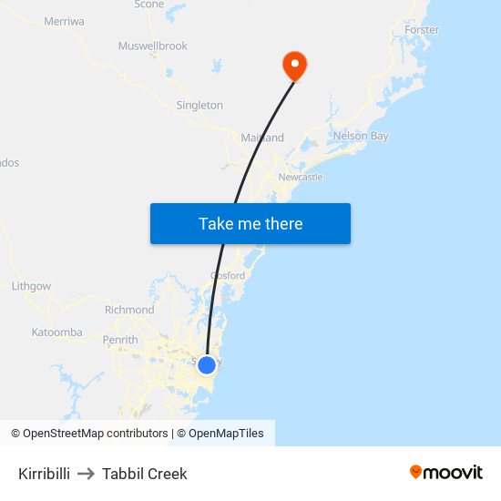 Kirribilli to Tabbil Creek map