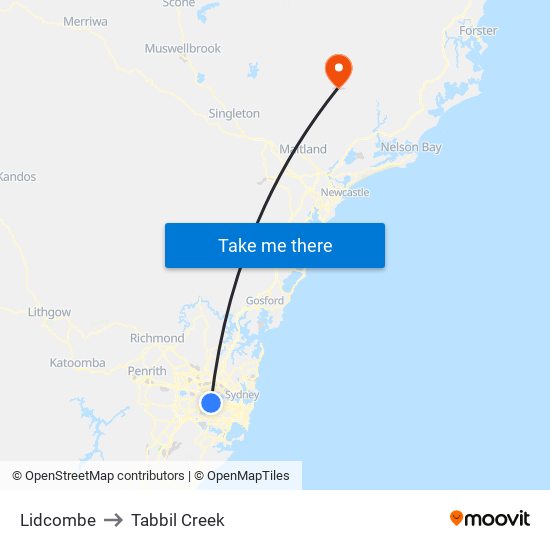 Lidcombe to Tabbil Creek map