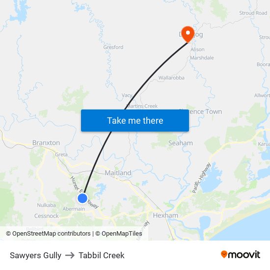 Sawyers Gully to Tabbil Creek map