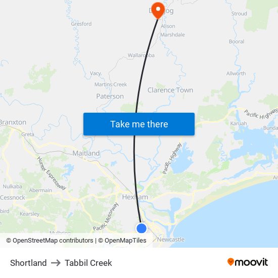 Shortland to Tabbil Creek map