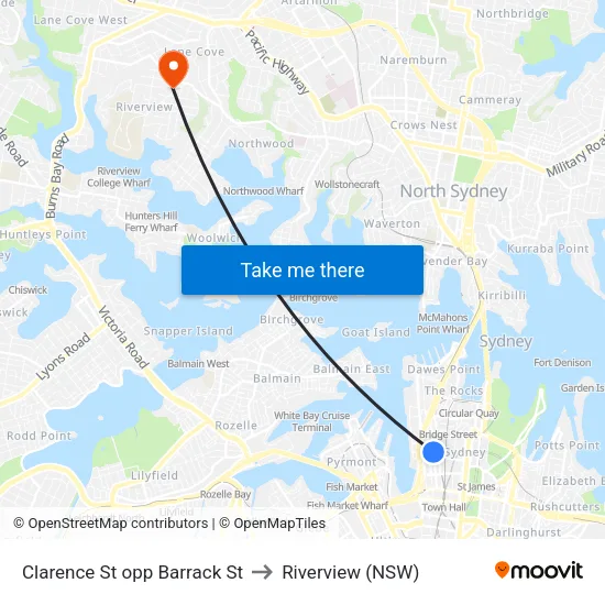 Clarence St opp Barrack St to Riverview (NSW) map