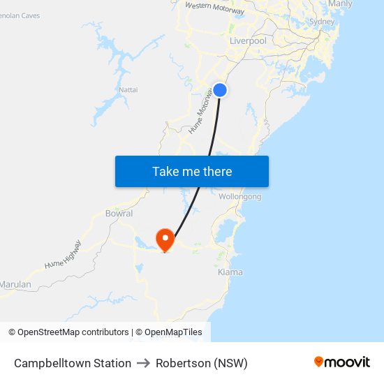 Campbelltown Station to Robertson (NSW) map